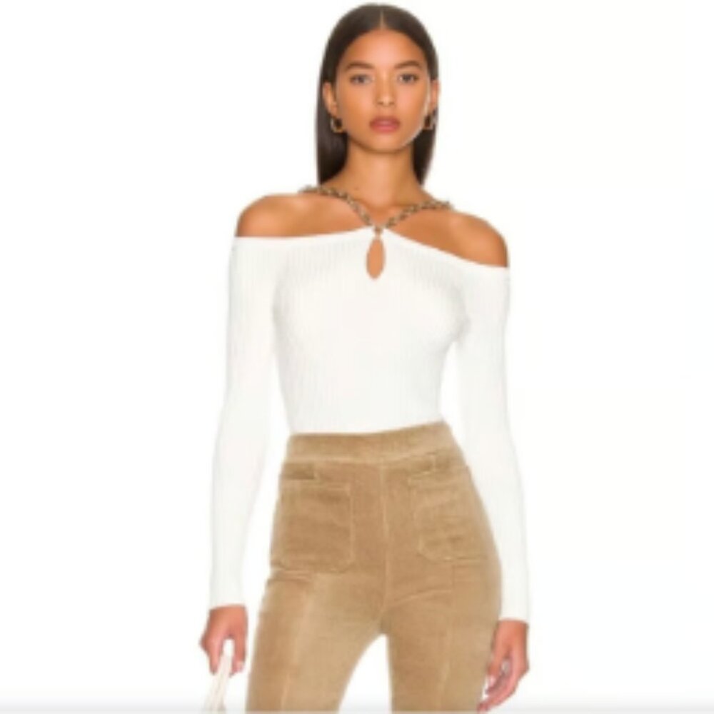 Jonathan Simkhai v-neck ribbed knit white crop top golden chain detail XS -NWT